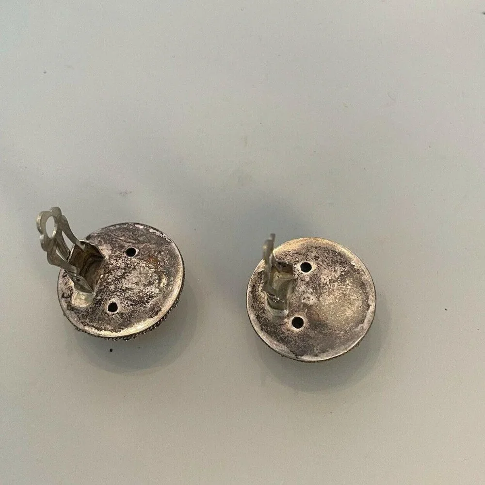 Silver Tone Clip On Earrings Beaded Button Classic - Picture 2 of 4